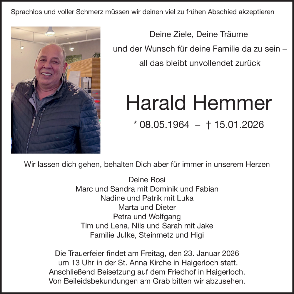  Traueranzeige für Harald Hemmer vom 20.01.2026 aus SÜDWEST PRESSE Zollernalbkreis/Hohenzollerische Zeitung