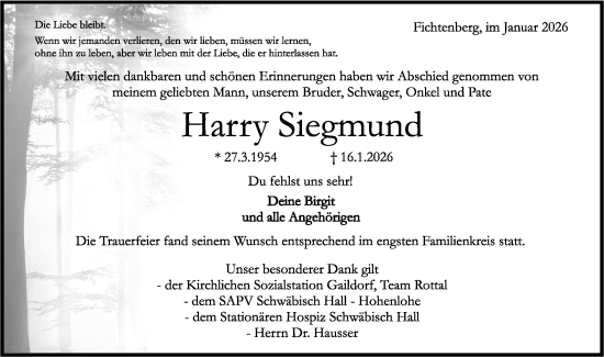 Traueranzeige von Harry Siegmund von Rundschau Gaildorf