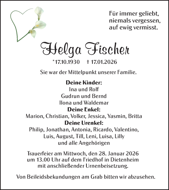Traueranzeige von Helga Fischer Fischer von SÜDWEST PRESSE Ausgabe Ulm/Neu-Ulm