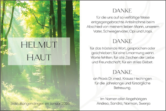 Traueranzeige von Helmut Haut von SÜDWEST PRESSE Zollernalbkreis