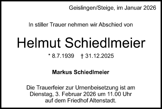 Traueranzeige von Helmut Schiedlmeier von Geislinger Zeitung