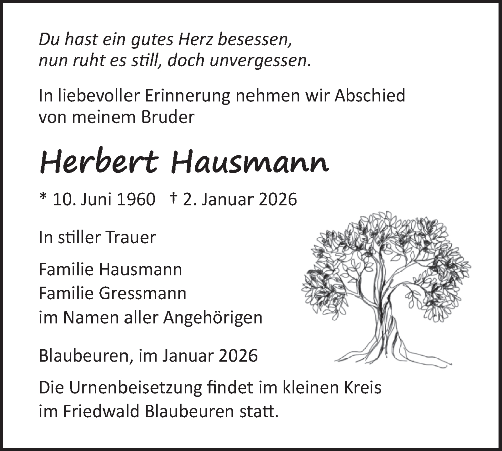  Traueranzeige für Herbert Hausmann vom 16.01.2026 aus Das Blaumännle/SÜDWEST PRESSE Ausgabe Ulm/Neu-Ulm