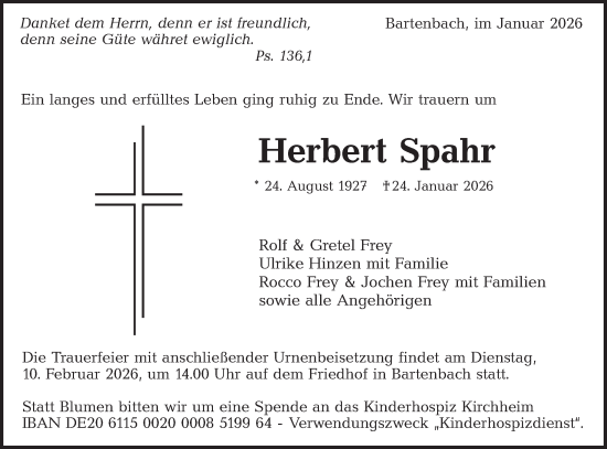 Traueranzeige von Herbert Spahr von NWZ Neue Württembergische Zeitung