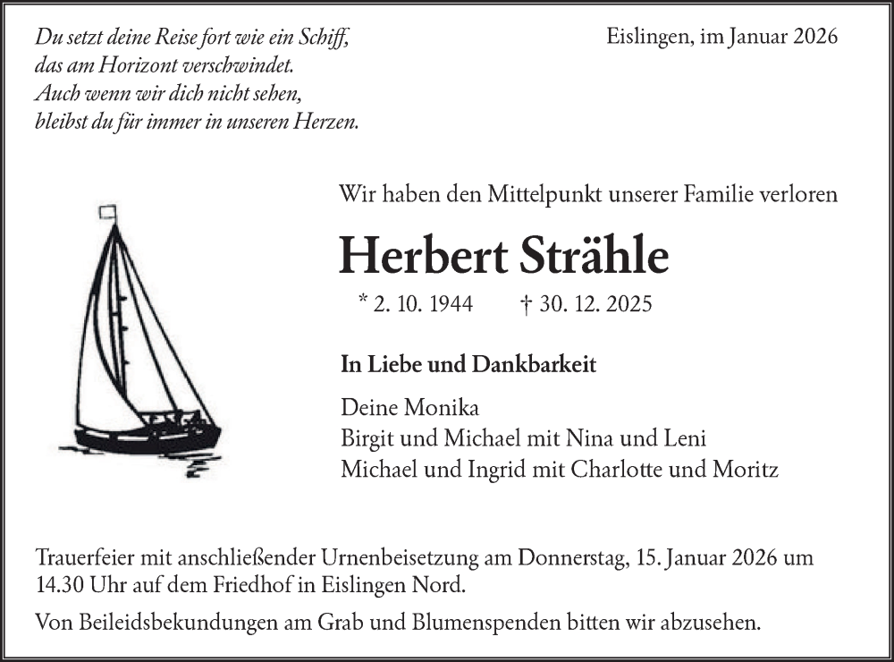  Traueranzeige für Herbert Strähle vom 09.01.2026 aus NWZ Neue Württembergische Zeitung