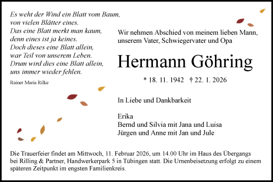 Traueranzeige von Hermann Göhring von Schwäbische Tagblatt