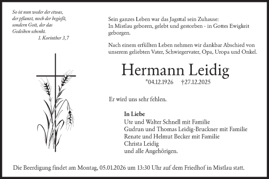 Traueranzeige von Hermann Leidig von Hohenloher Tagblatt