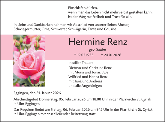 Traueranzeige von Hermine Renz von SÜDWEST PRESSE Ausgabe Ulm/Neu-Ulm/Ehingen/SÜDWEST PRESSE Ausgabe Ulm/Neu-Ulm/Ehingen