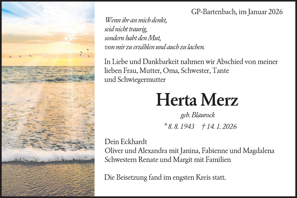  Traueranzeige für Herta Merz vom 31.01.2026 aus NWZ Neue Württembergische Zeitung