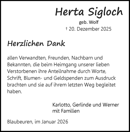 Traueranzeige von Herta Sigloch von Das Blaumännle