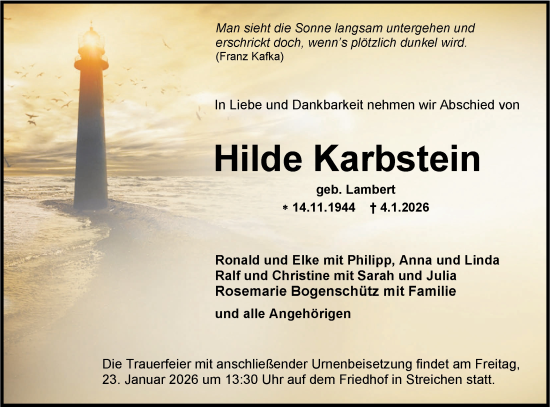 Traueranzeige von Hilde Karbstein von SÜDWEST PRESSE Zollernalbkreis/Hohenzollerische Zeitung