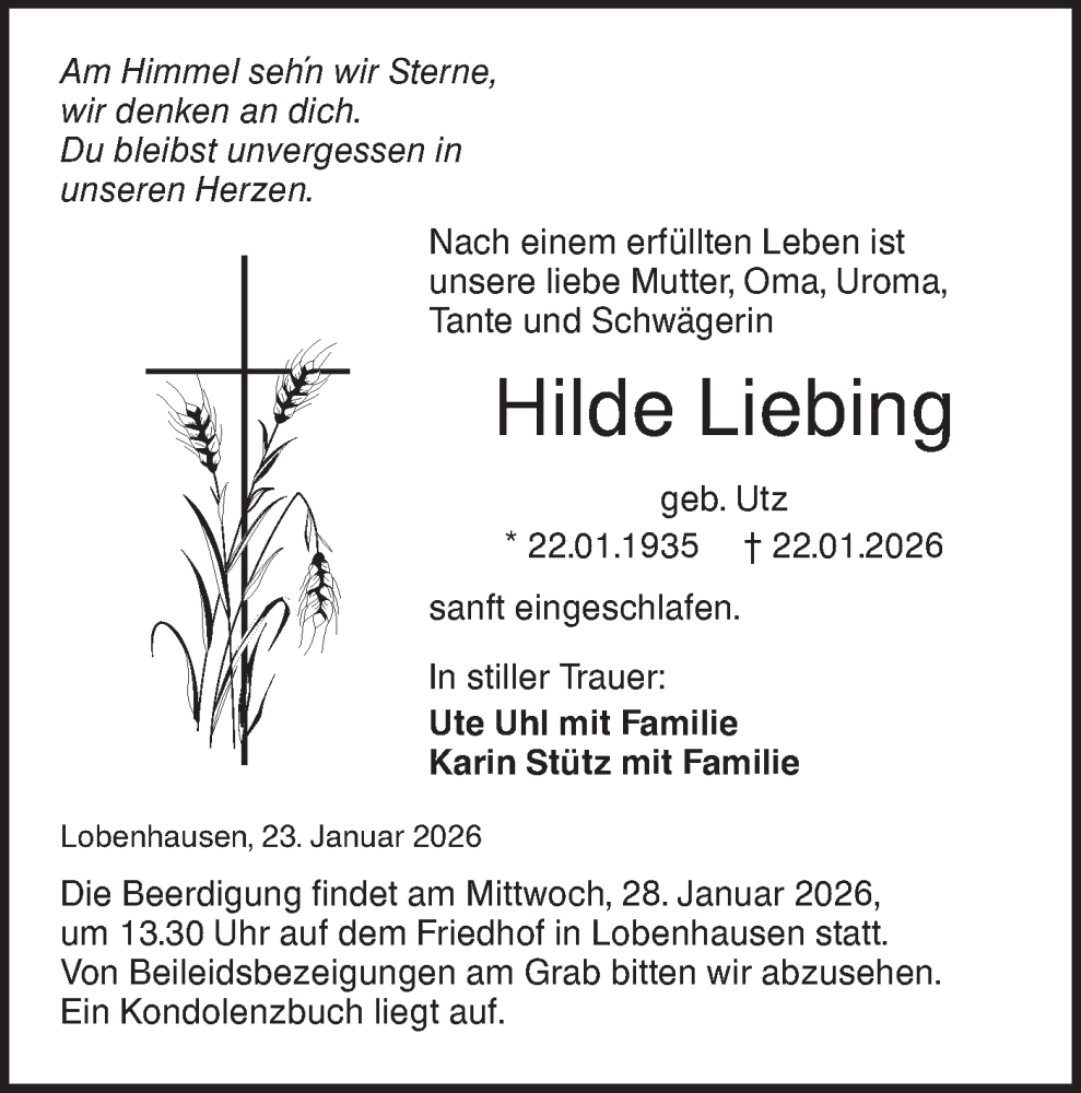  Traueranzeige für Hilde Liebing vom 26.01.2026 aus Hohenloher Tagblatt