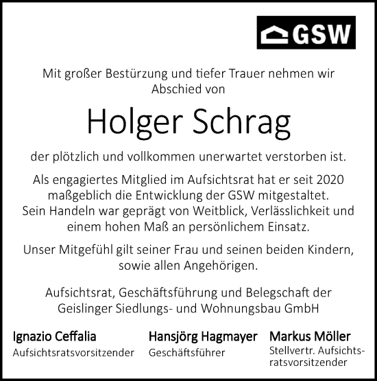 Traueranzeige von Holger Schrag von Geislinger Zeitung