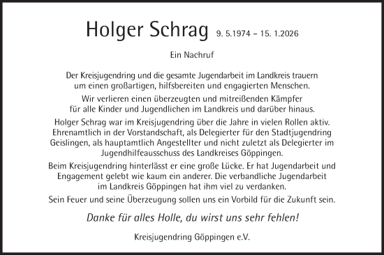 Traueranzeige von Holger Schrag von Geislinger Zeitung