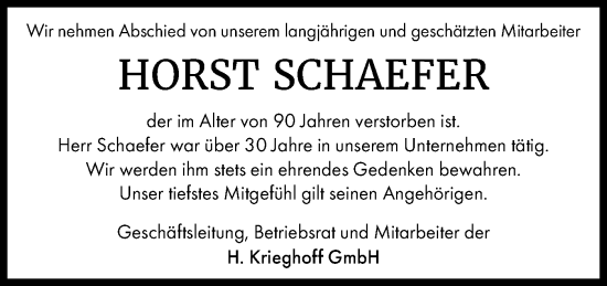 Traueranzeige von Horst Schaefer von SÜDWEST PRESSE Ausgabe Ulm/Neu-Ulm/Ehingen
