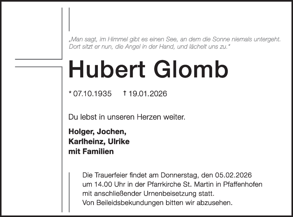  Traueranzeige für Hubert Glomb vom 31.01.2026 aus SÜDWEST PRESSE Ausgabe Ulm/Neu-Ulm/Ehingen/Neu-Ulmer Zeitung