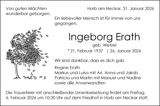 Traueranzeige von Ingeborg Erath von Neckar-Chronik