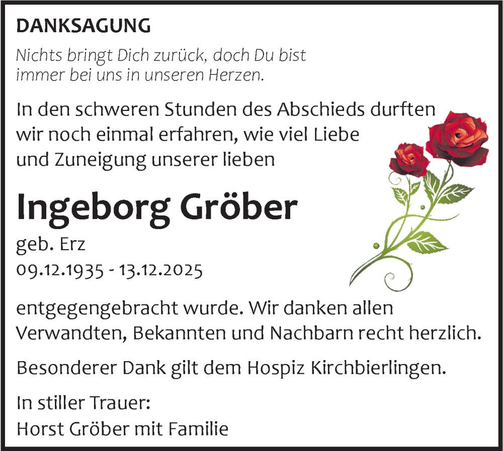  Traueranzeige für Ingeborg Gröber vom 24.01.2026 aus SÜDWEST PRESSE Ausgabe Ulm/Neu-Ulm