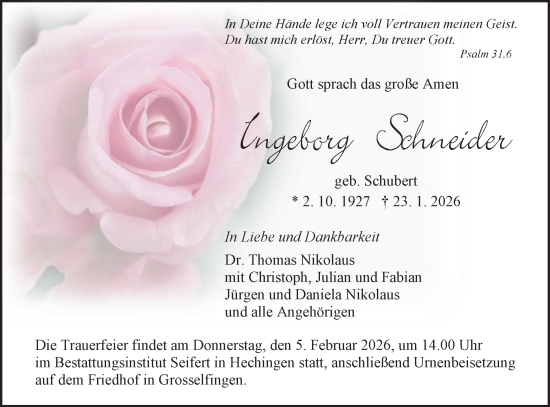 Traueranzeige von Ingeborg Schneider von SÜDWEST PRESSE Zollernalbkreis