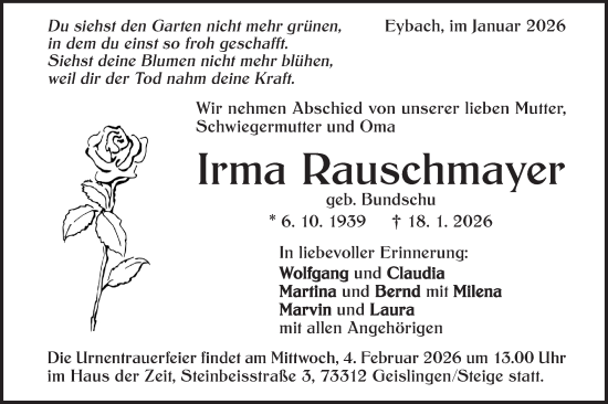 Traueranzeige von Irma Rauschmayer von Geislinger Zeitung