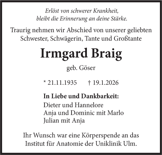 Traueranzeige von Irmgard Braig von SÜDWEST PRESSE Ausgabe Ulm/Neu-Ulm/Ehingen