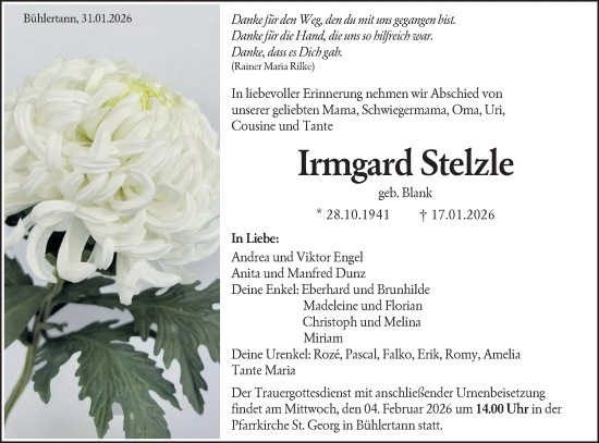 Traueranzeige von Irmgard Stelzle von Haller Tagblatt