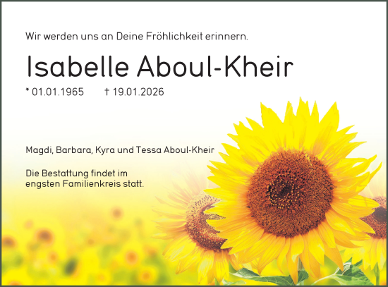 Traueranzeige von Isabelle Aboul-Kheir von SÜDWEST PRESSE Ausgabe Ulm/Neu-Ulm