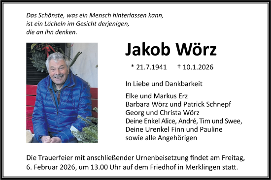 Traueranzeige von Jakob Wörz von SÜDWEST PRESSE Ausgabe Ulm/Neu-Ulm/Ehingen
