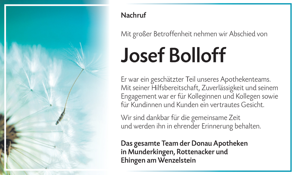  Traueranzeige für Josef Bolloff vom 29.01.2026 aus Ehinger Tagblatt