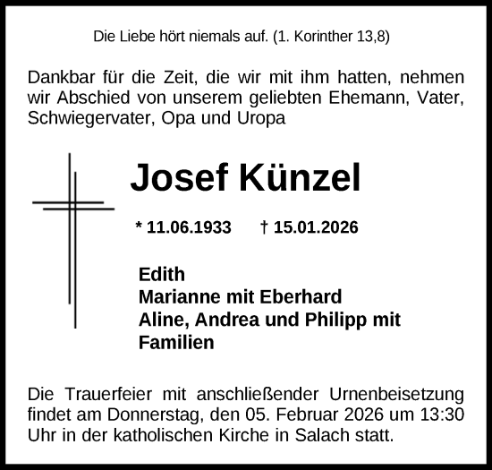 Traueranzeige von Josef Künzel von NWZ Neue Württembergische Zeitung