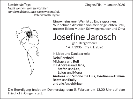 Traueranzeige von Josefine Jarosch von Geislinger Zeitung