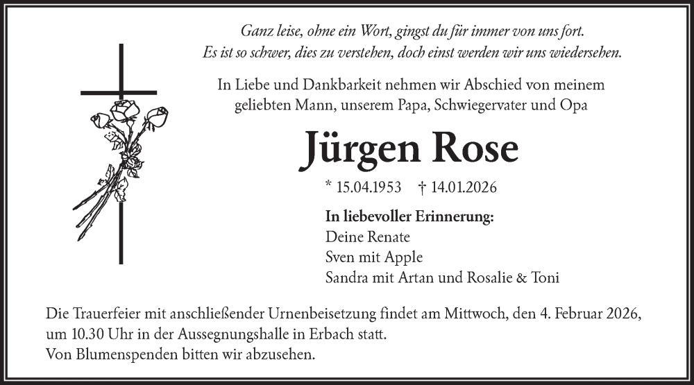  Traueranzeige für Jürgen Rose vom 30.01.2026 aus SÜDWEST PRESSE Ausgabe Ulm/Neu-Ulm/Ehingen
