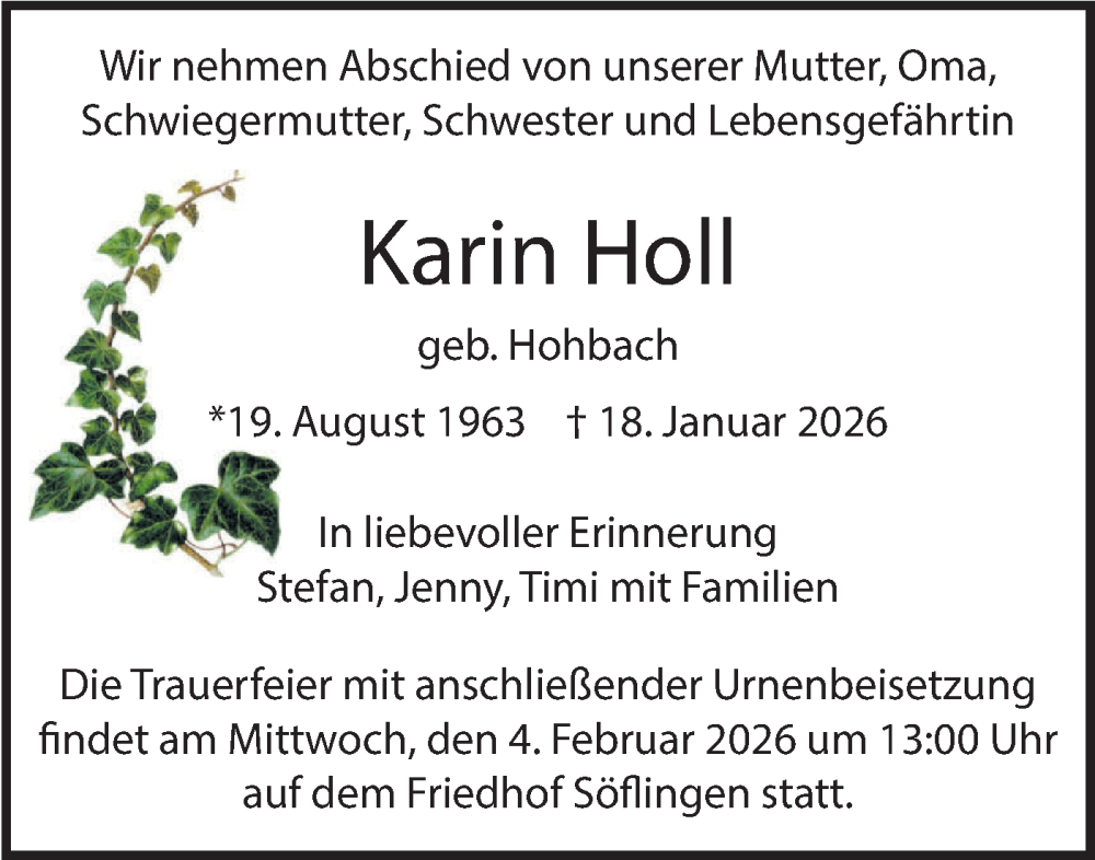  Traueranzeige für Karin Holl vom 24.01.2026 aus SÜDWEST PRESSE Ausgabe Ulm/Neu-Ulm