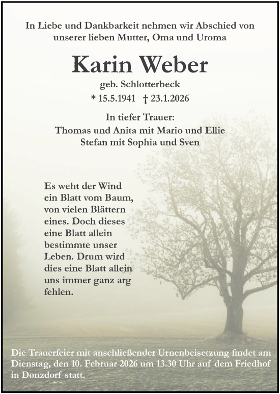 Traueranzeige von Karin Weber von NWZ Neue Württembergische Zeitung