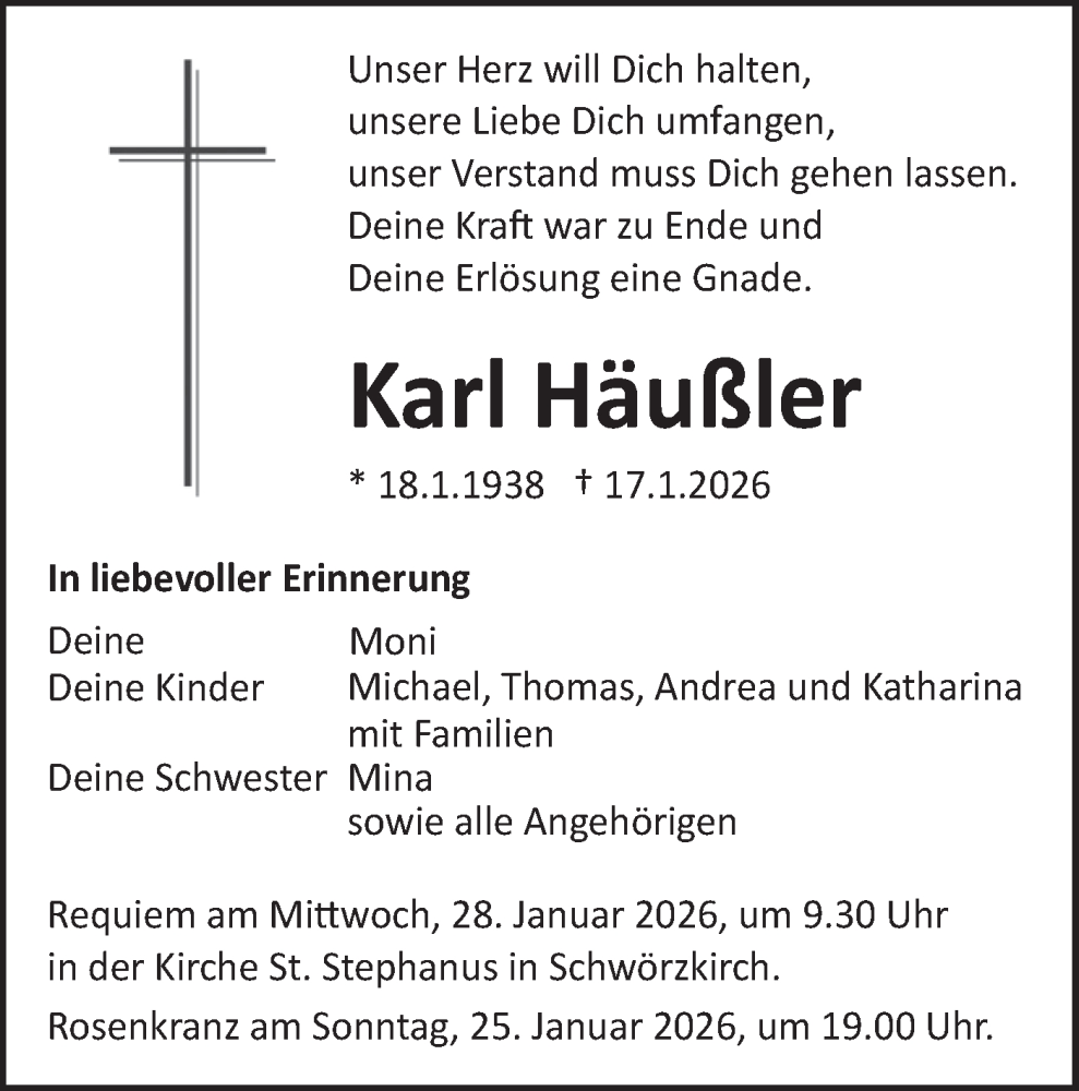  Traueranzeige für Karl Häußler vom 23.01.2026 aus Ehinger Tagblatt