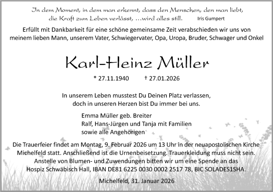 Traueranzeige von Karl-Heinz Müller von Haller Tagblatt