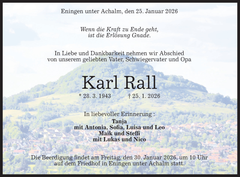  Traueranzeige für Karl Rall vom 28.01.2026 aus Alb-Bote/Metzinger-Uracher Volksblatt