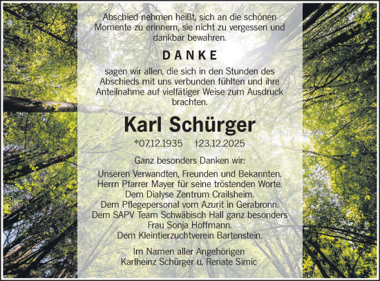 Traueranzeige von Karl Schürger von Hohenloher Tagblatt