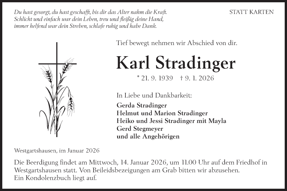 Traueranzeige für Karl Stradinger vom 13.01.2026 aus Hohenloher Tagblatt
