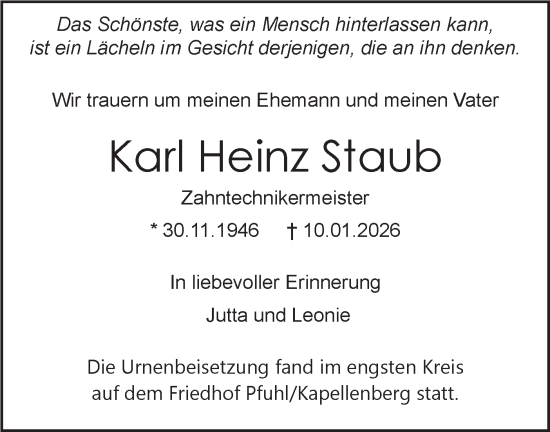 Traueranzeige von Karl Heinz Staub von SÜDWEST PRESSE Ausgabe Ulm/Neu-Ulm