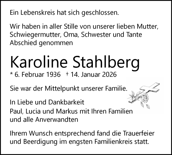 Traueranzeige von Karoline Stahlberg von Schwäbische Tagblatt