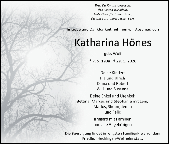 Traueranzeige von Katharina Hönes von SÜDWEST PRESSE Zollernalbkreis