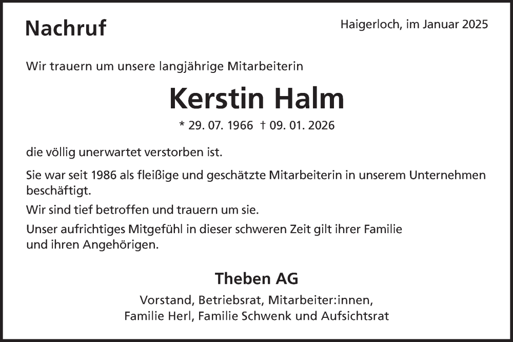  Traueranzeige für Kerstin Halm vom 31.01.2026 aus SÜDWEST PRESSE Zollernalbkreis