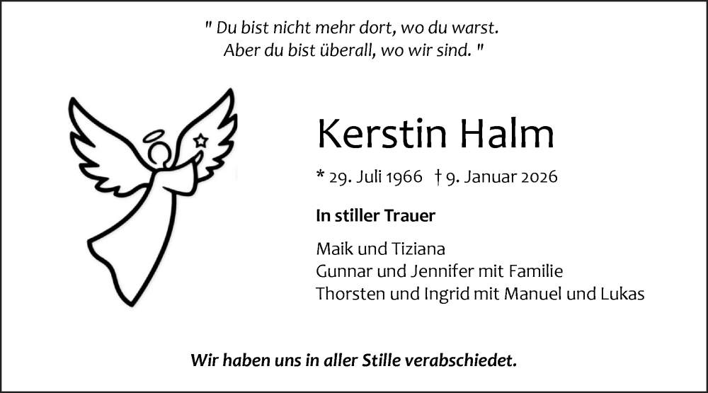  Traueranzeige für Kerstin Halm vom 26.01.2026 aus SÜDWEST PRESSE Zollernalbkreis/Hohenzollerische Zeitung