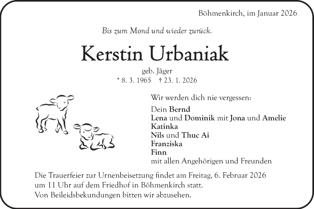 Traueranzeige für Kerstin Urbaniak vom 31.01.2026 aus Geislinger Zeitung