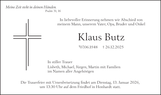 Traueranzeige von Klaus Butz von Hohenloher Tagblatt