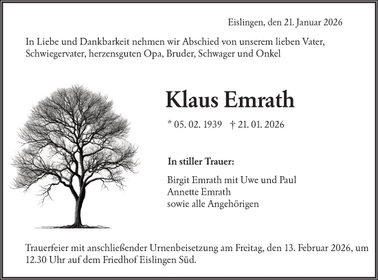 Traueranzeige von Klaus Emrath von NWZ Neue Württembergische Zeitung