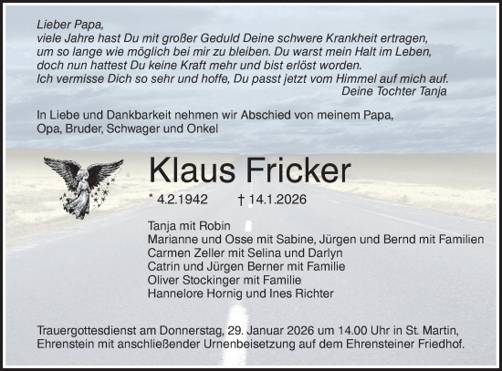 Traueranzeige von Klaus Fricker von SÜDWEST PRESSE Ausgabe Ulm/Neu-Ulm