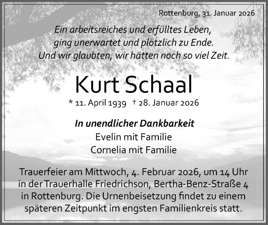 Traueranzeige von Kurt Schaal von Schwäbische Tagblatt