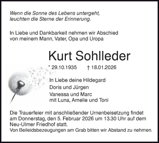 Traueranzeige von Kurt Sohlleder von SÜDWEST PRESSE Ausgabe Ulm/Neu-Ulm/Ehingen