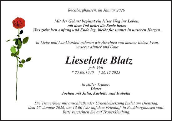 Traueranzeige von Lieselotte Blatz von NWZ Neue Württembergische Zeitung